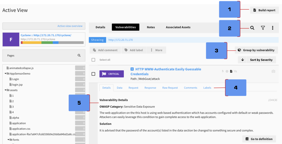 Frontline WAS Active View System Health Vulnerabilities page